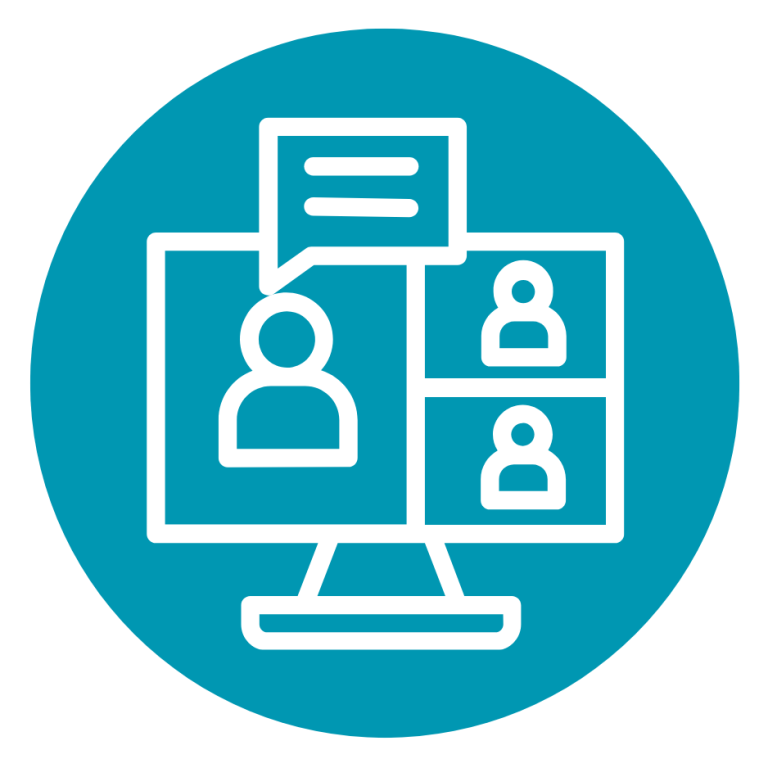 Icon zum Thema Onlineschulung im Arbeitsschutz. Mehrere Personen in einer Videokonferenz auf einem Bildschirm.