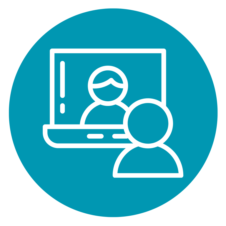 Icon zum Thema Onlineschulung im Arbeitsschutz. 1 Person auf Bildschirm, 1 vor dem Bildschirm.