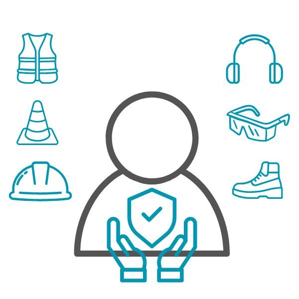 Grafik zeigt eine Führungsperson. Um sie herum sind Symbole des Arbeitsschutzes abgebildet. Plus schützende Hände mit Sicherheitssymbol.